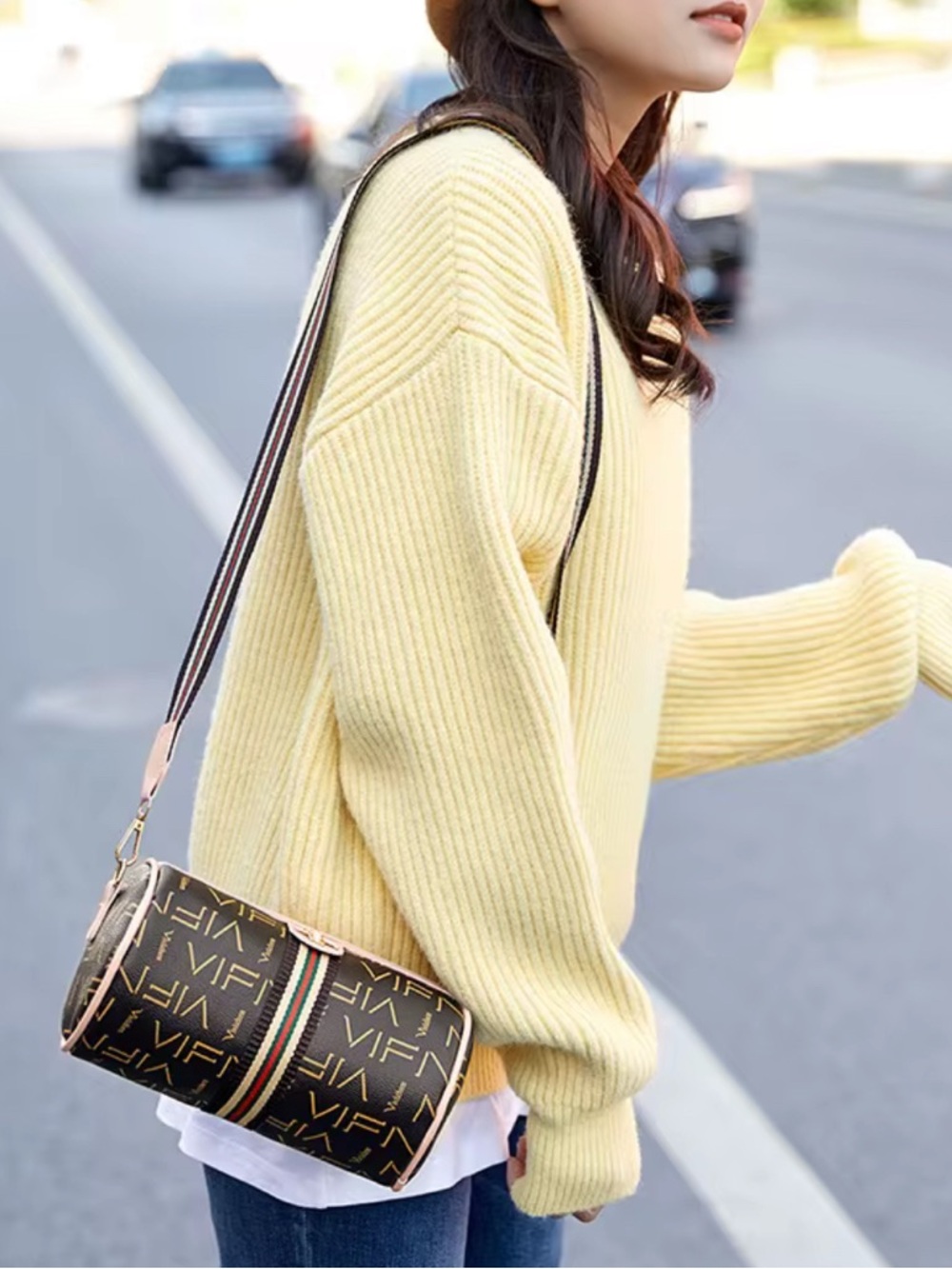 Monogram Bee Accent Barrel Crossbody Bag - khaki /Brown/-Red Stripe NIP - Picture 2 of 8